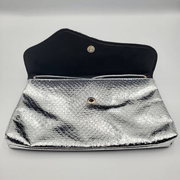 Vtg Silver Mermaid Micro Flap Faux Snake Leather Foldover Clutch Shoulder Bag - Picture 3 of 12